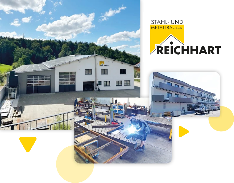 Außenansicht des Firmengebäudes von Metallbau Spenglerei Schlosserei Reichhart und Innenansicht der Werkstatt